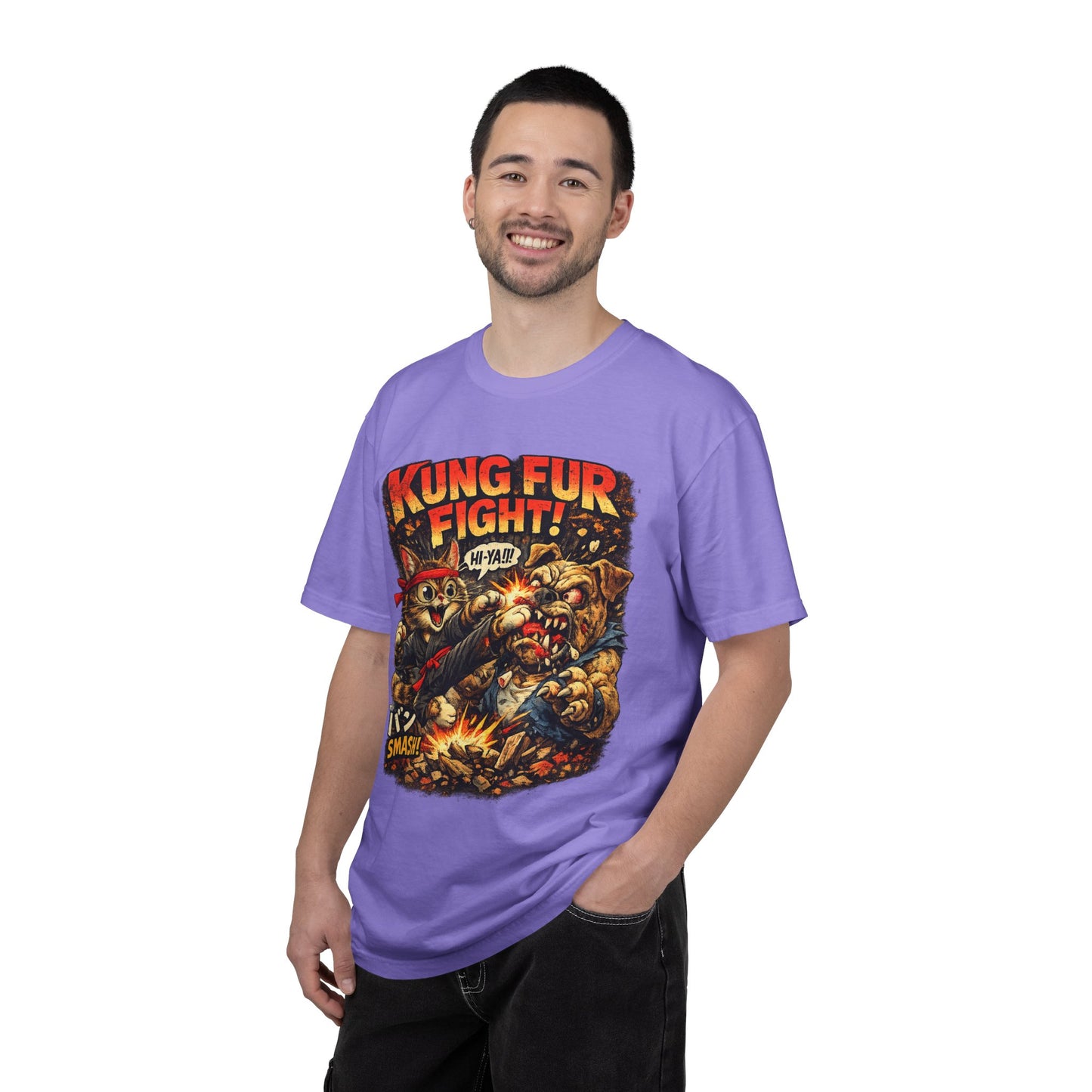 Kung Fur Fight T-Shirt — Retro Cat vs Dog Martial Arts Graphic Tee