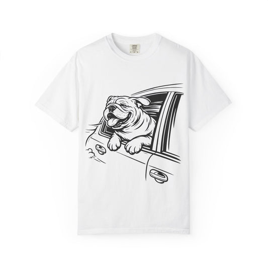 Bulldog Head Out Car Window T-Shirt — Cute Driving Dog Tee