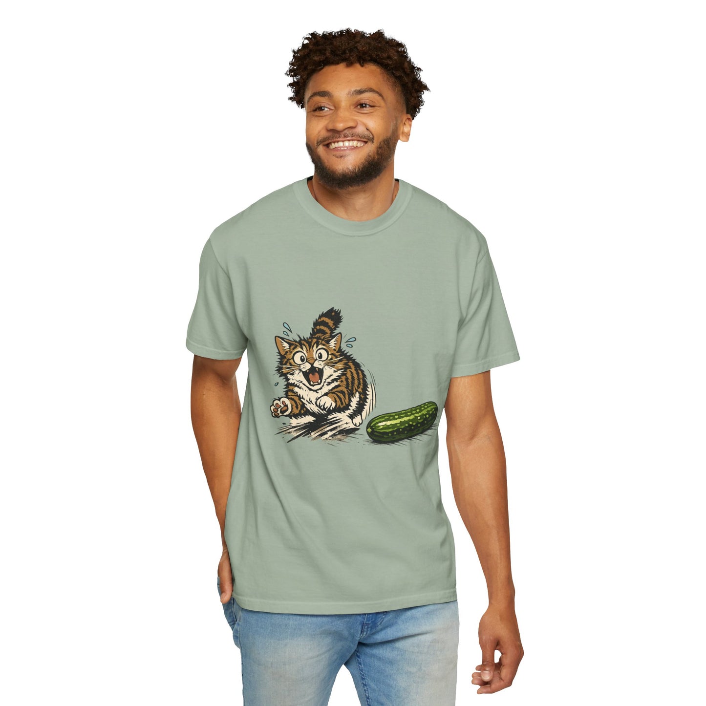Cat and Cucumber Fear Graphic T-Shirt — Surprised Kitten with Cucumber Illustration