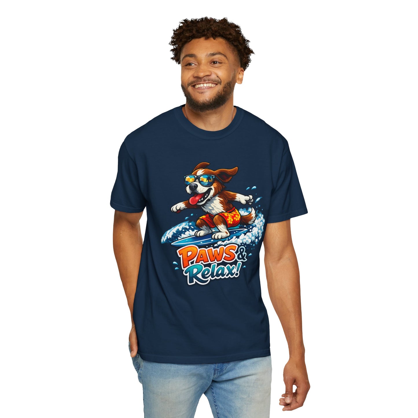 Surfing Dog T-Shirt — "Paws & Relax" Graphic Tee