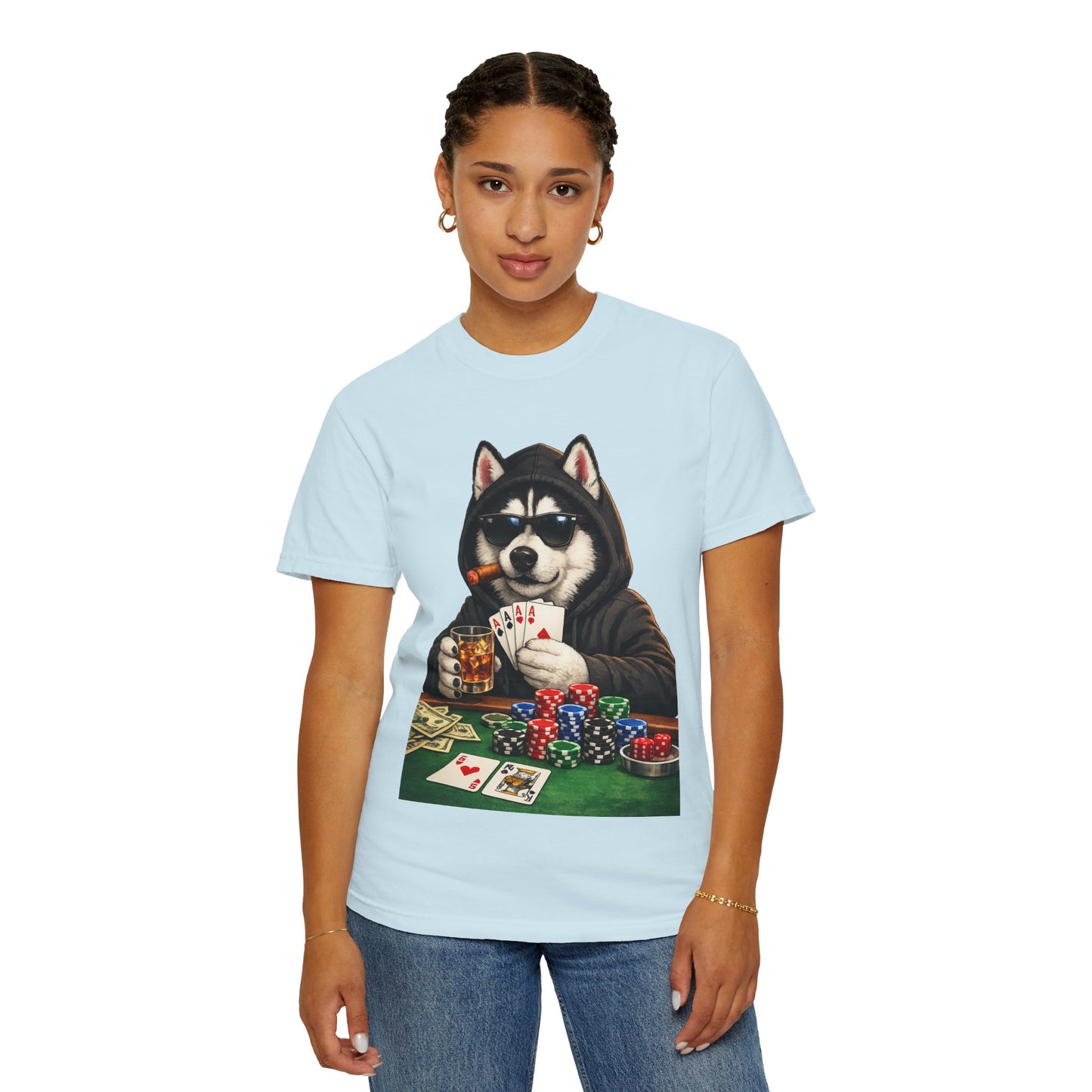 Poker Husky T-Shirt — Dog Playing Cards & Chips Graphic Tee