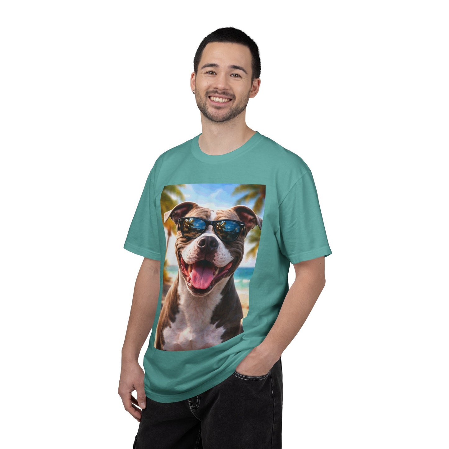 Happy Dog in Sunglasses T-Shirt — Summer Beach Pitbull Graphic Tee