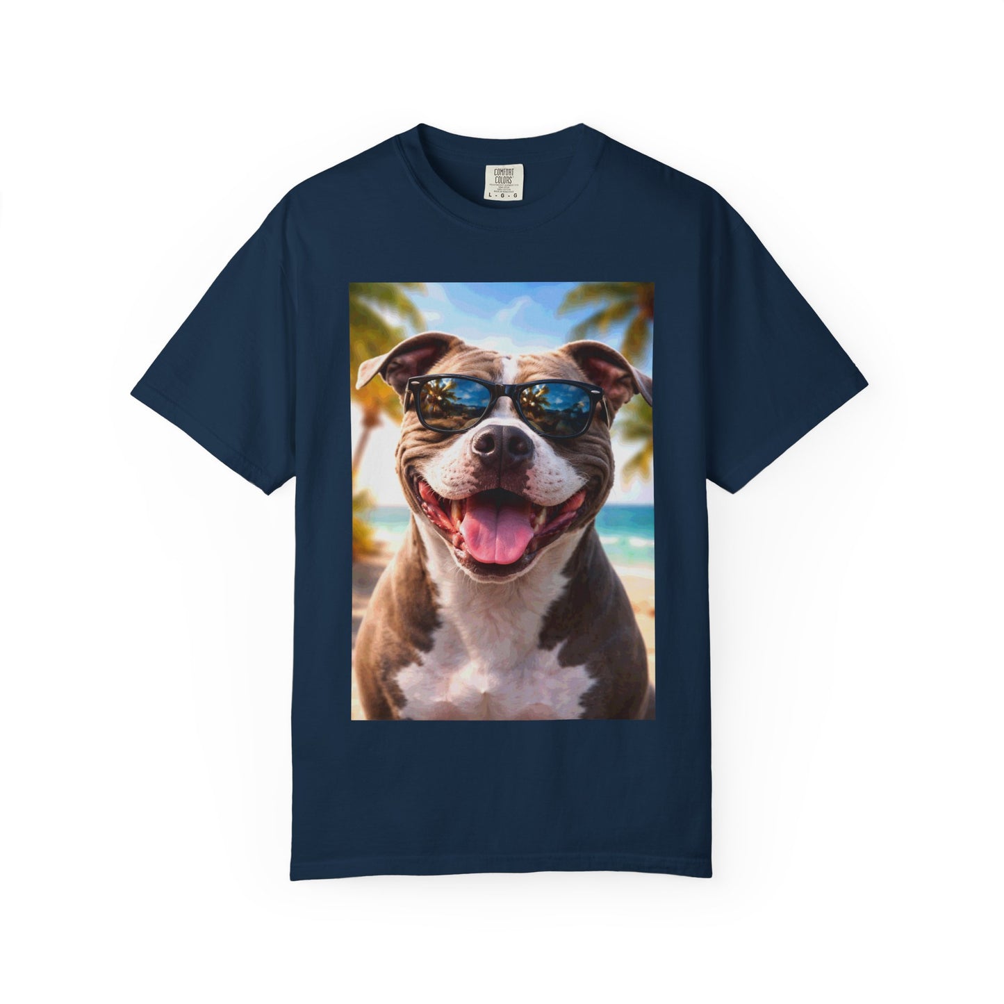 Happy Dog in Sunglasses T-Shirt — Summer Beach Pitbull Graphic Tee