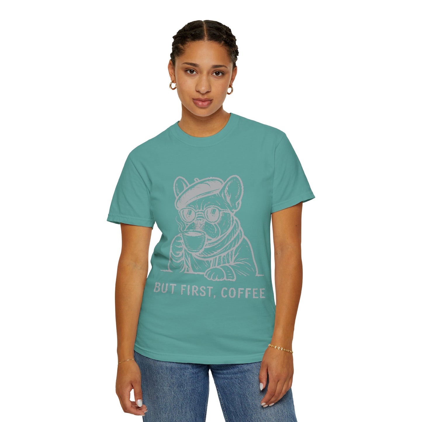 But First, Coffee T-Shirt — French Bulldog Drinking Coffee Graphic Tee