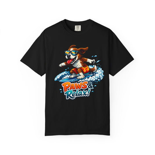 Surfing Dog T-Shirt — "Paws & Relax" Graphic Tee