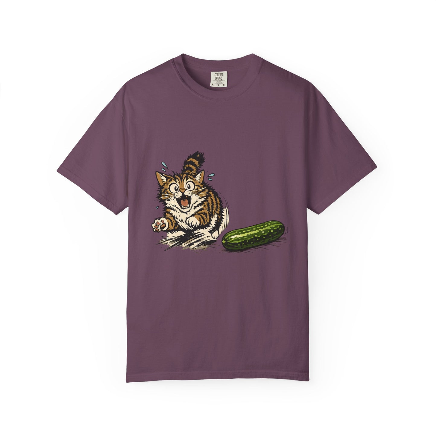 Cat and Cucumber Fear Graphic T-Shirt — Surprised Kitten with Cucumber Illustration