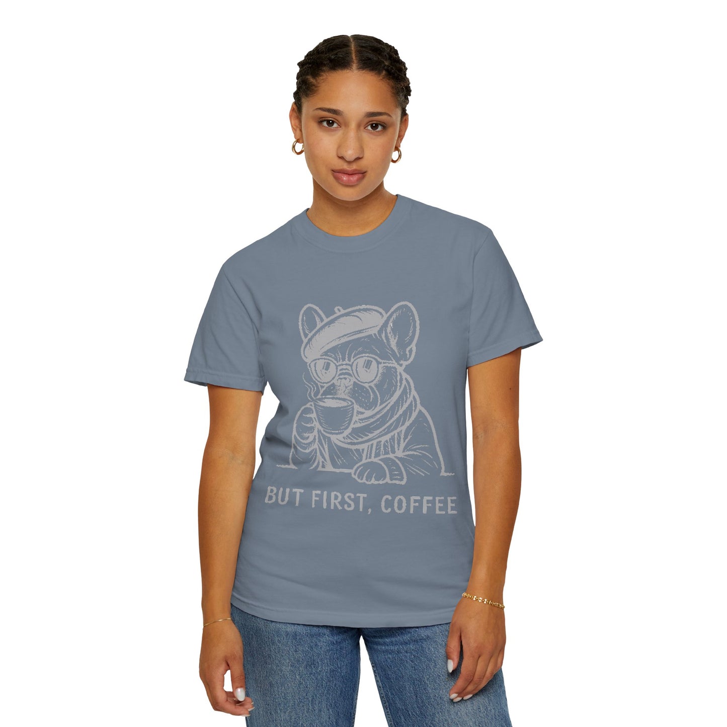 But First, Coffee T-Shirt — French Bulldog Drinking Coffee Graphic Tee