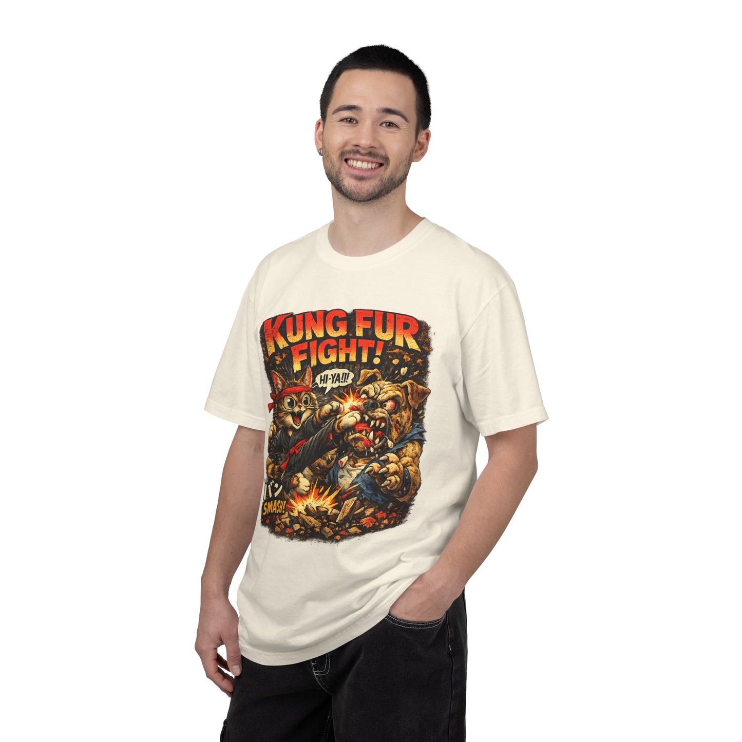 Kung Fur Fight T-Shirt — Retro Cat vs Dog Martial Arts Graphic Tee