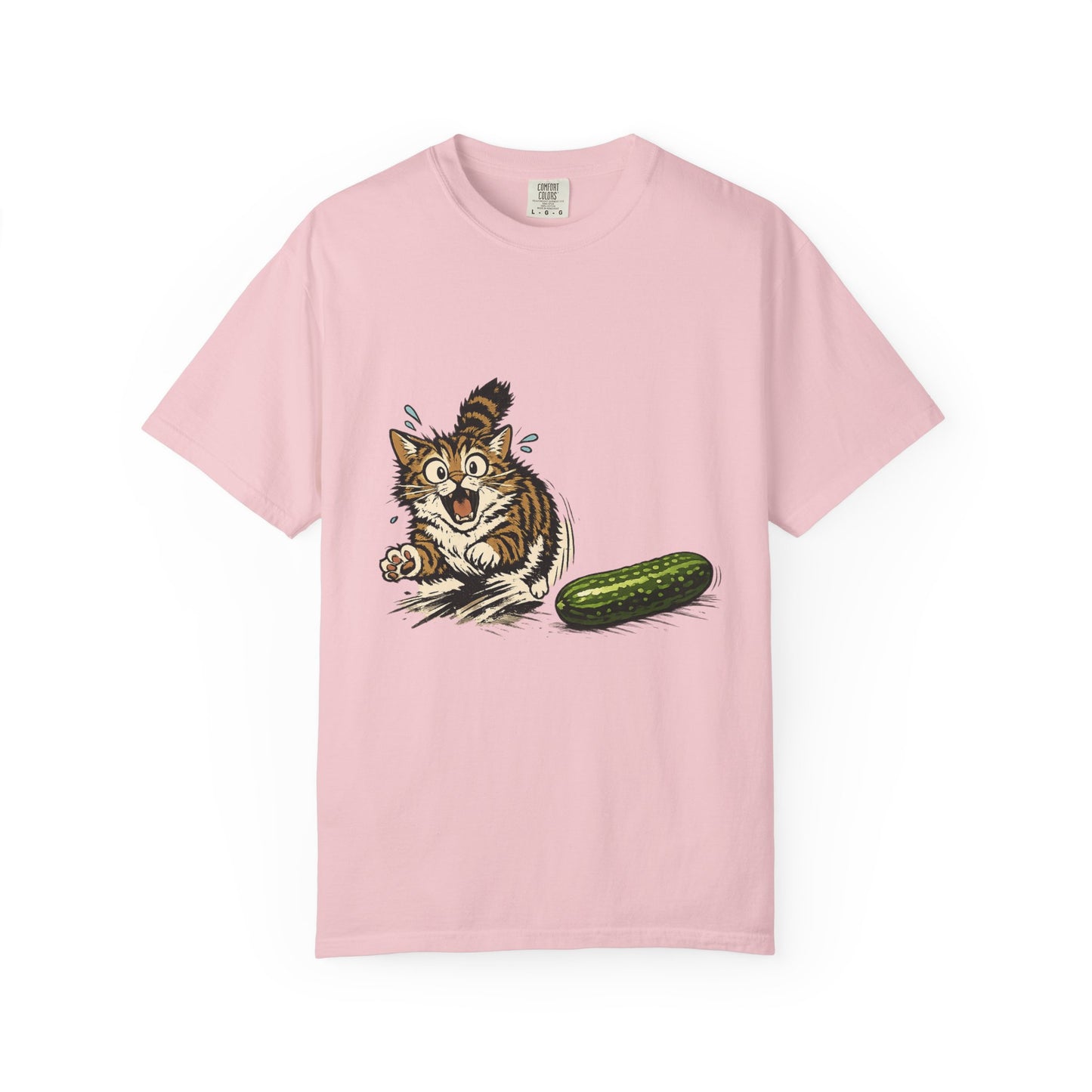 Cat and Cucumber Fear Graphic T-Shirt — Surprised Kitten with Cucumber Illustration