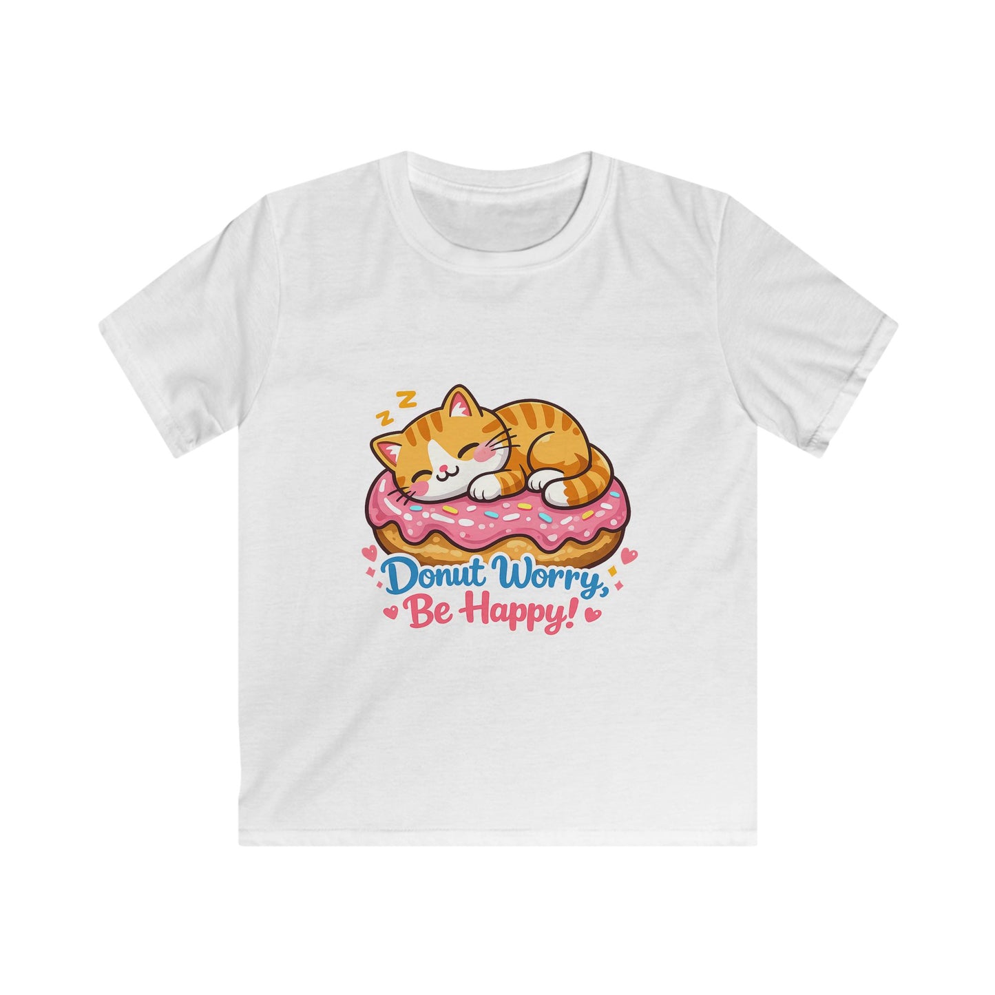 Kids T-Shirt — 'Donut Worry, Be Happy' Cute Cat on Donut Graphic Tee