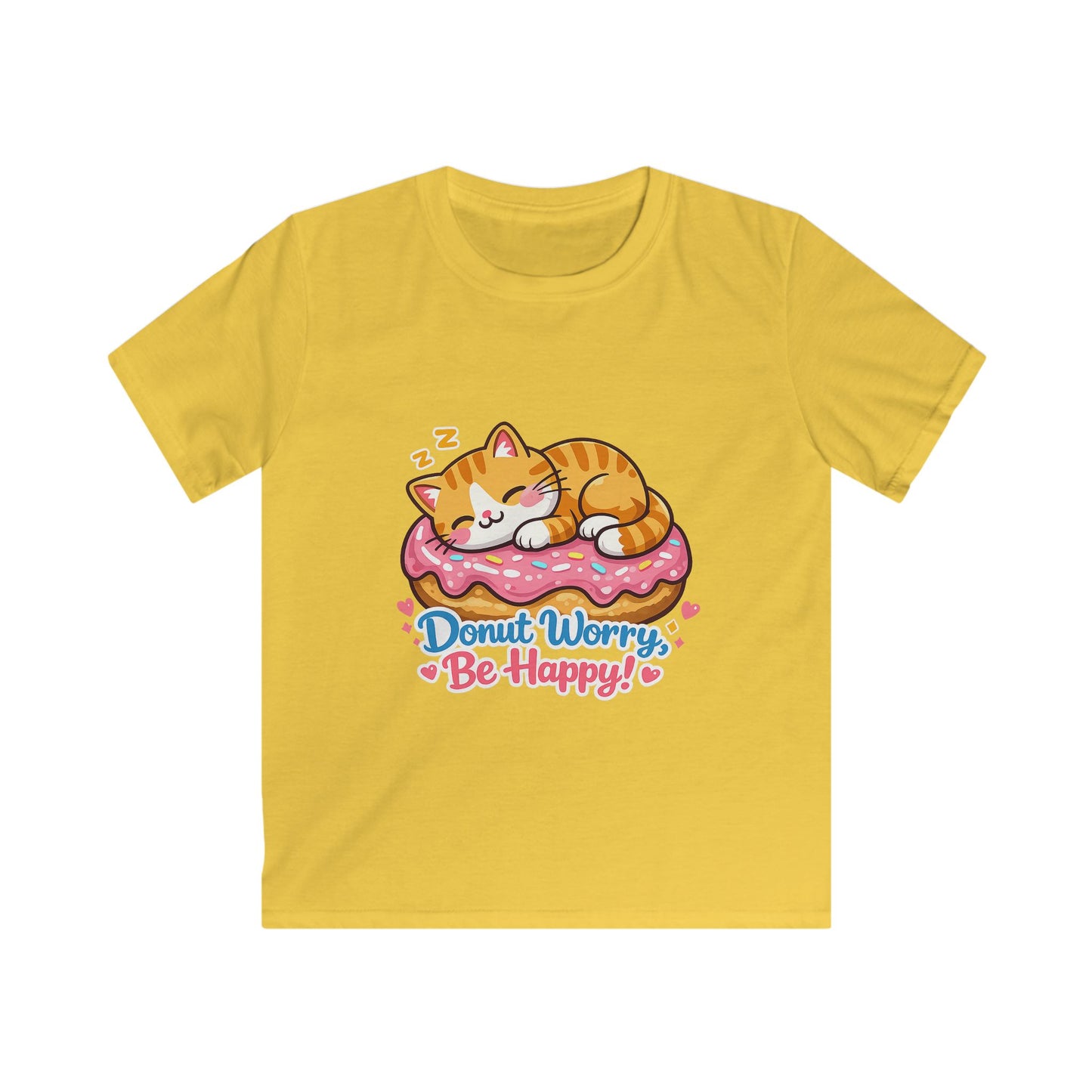 Kids T-Shirt — 'Donut Worry, Be Happy' Cute Cat on Donut Graphic Tee
