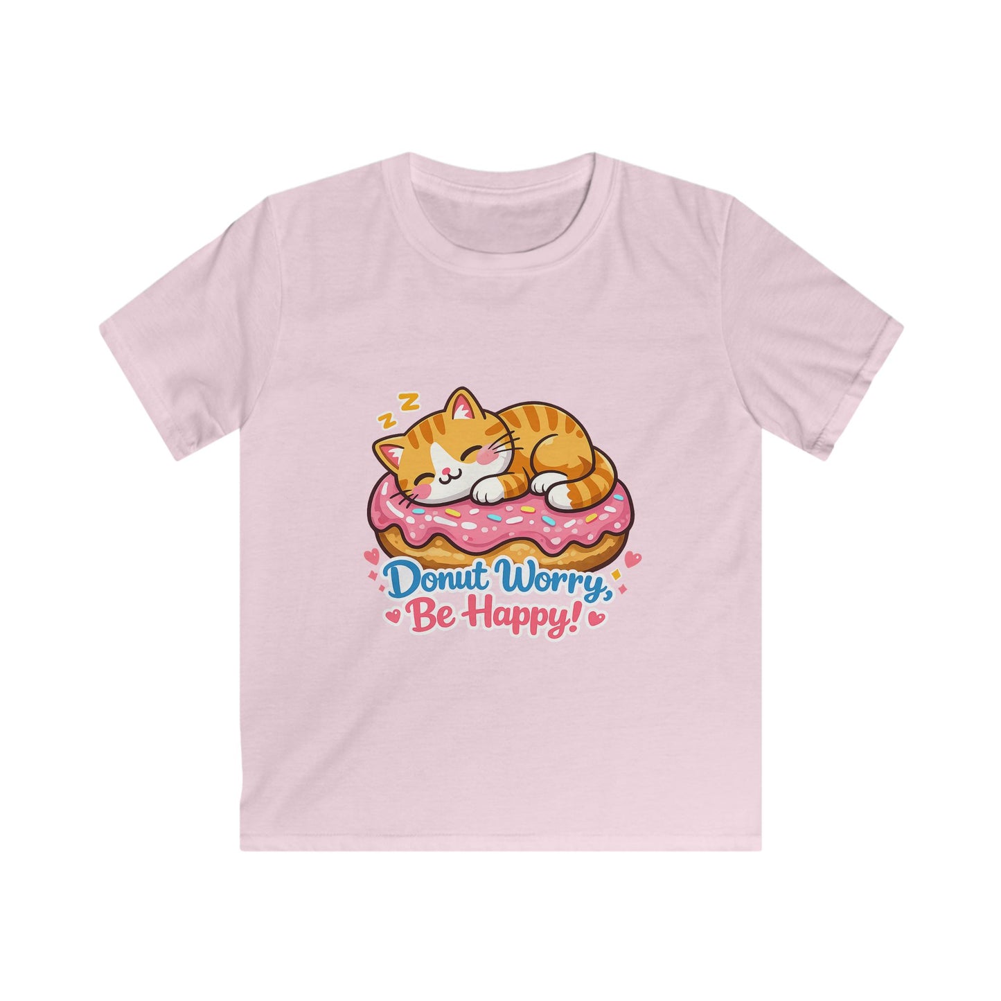 Kids T-Shirt — 'Donut Worry, Be Happy' Cute Cat on Donut Graphic Tee