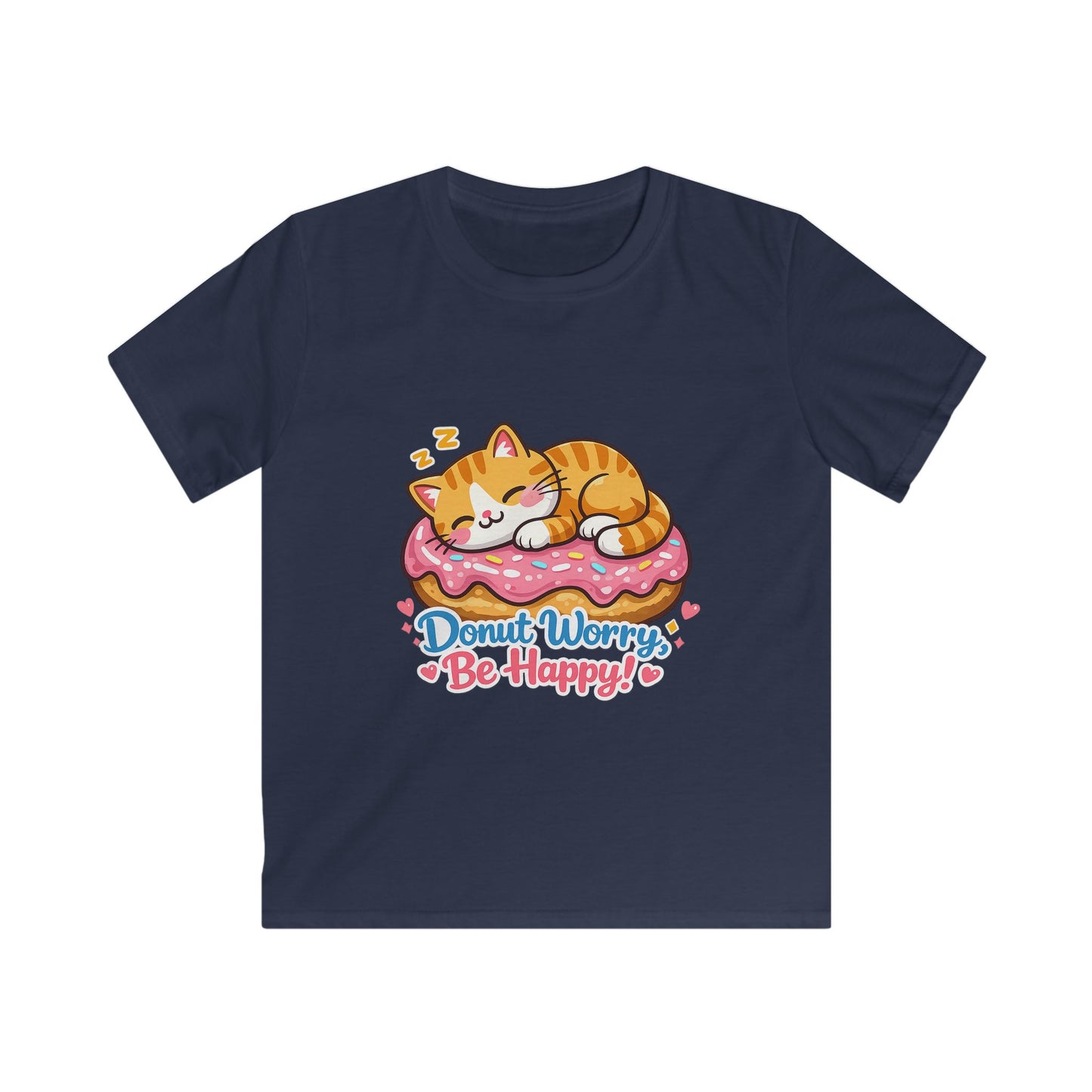 Kids T-Shirt — 'Donut Worry, Be Happy' Cute Cat on Donut Graphic Tee