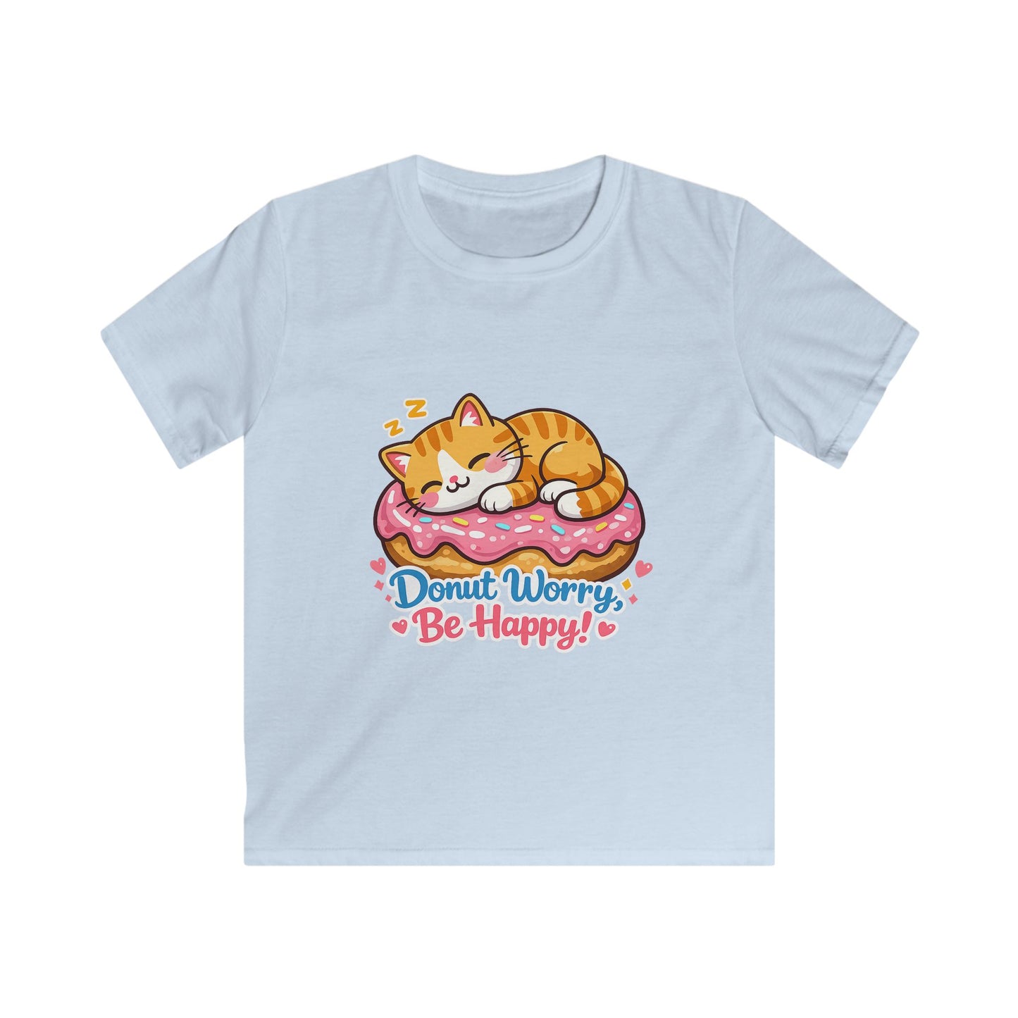 Kids T-Shirt — 'Donut Worry, Be Happy' Cute Cat on Donut Graphic Tee