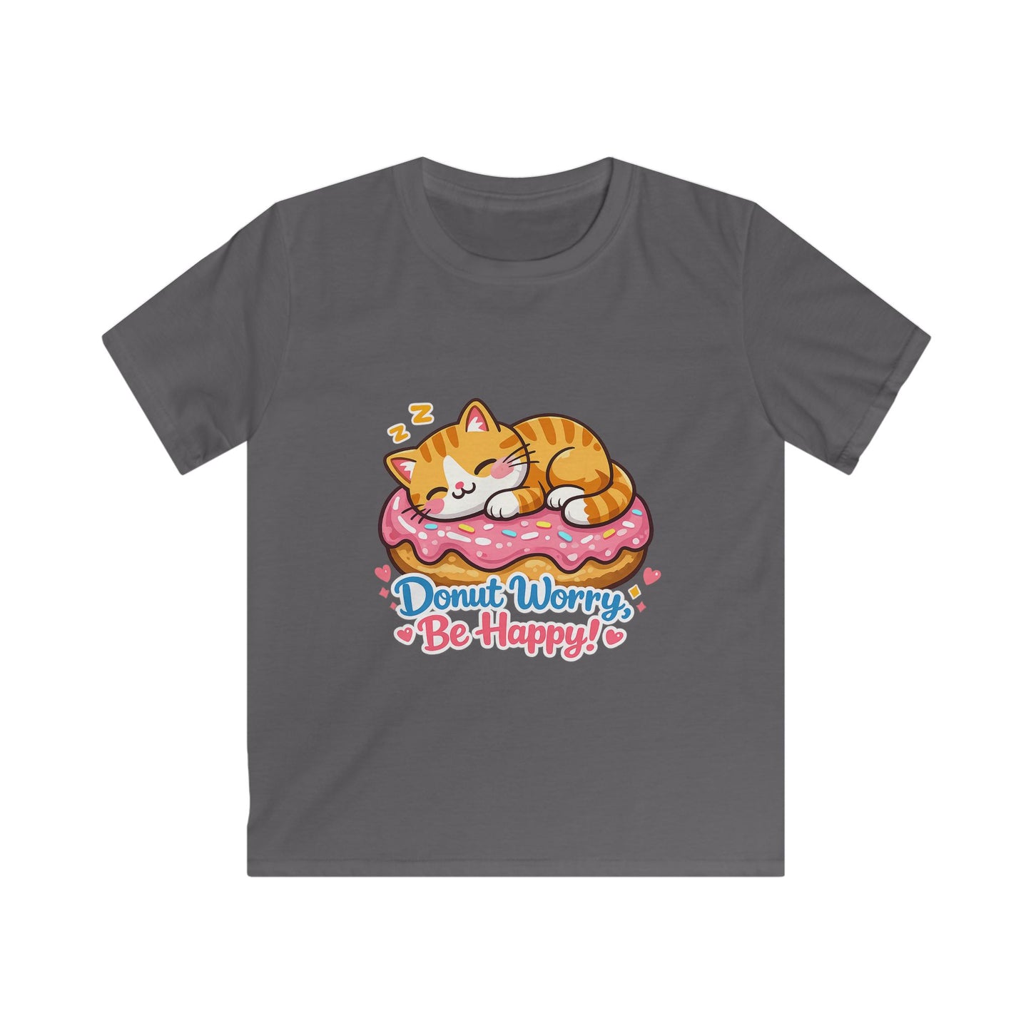 Kids T-Shirt — 'Donut Worry, Be Happy' Cute Cat on Donut Graphic Tee