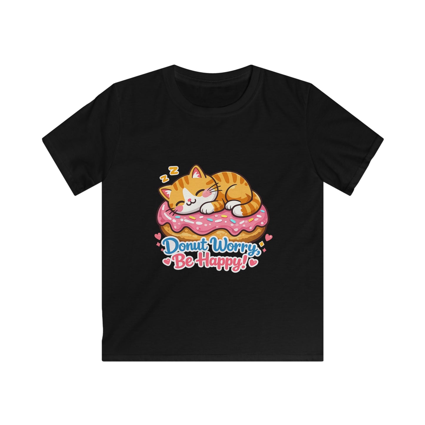 Kids T-Shirt — 'Donut Worry, Be Happy' Cute Cat on Donut Graphic Tee