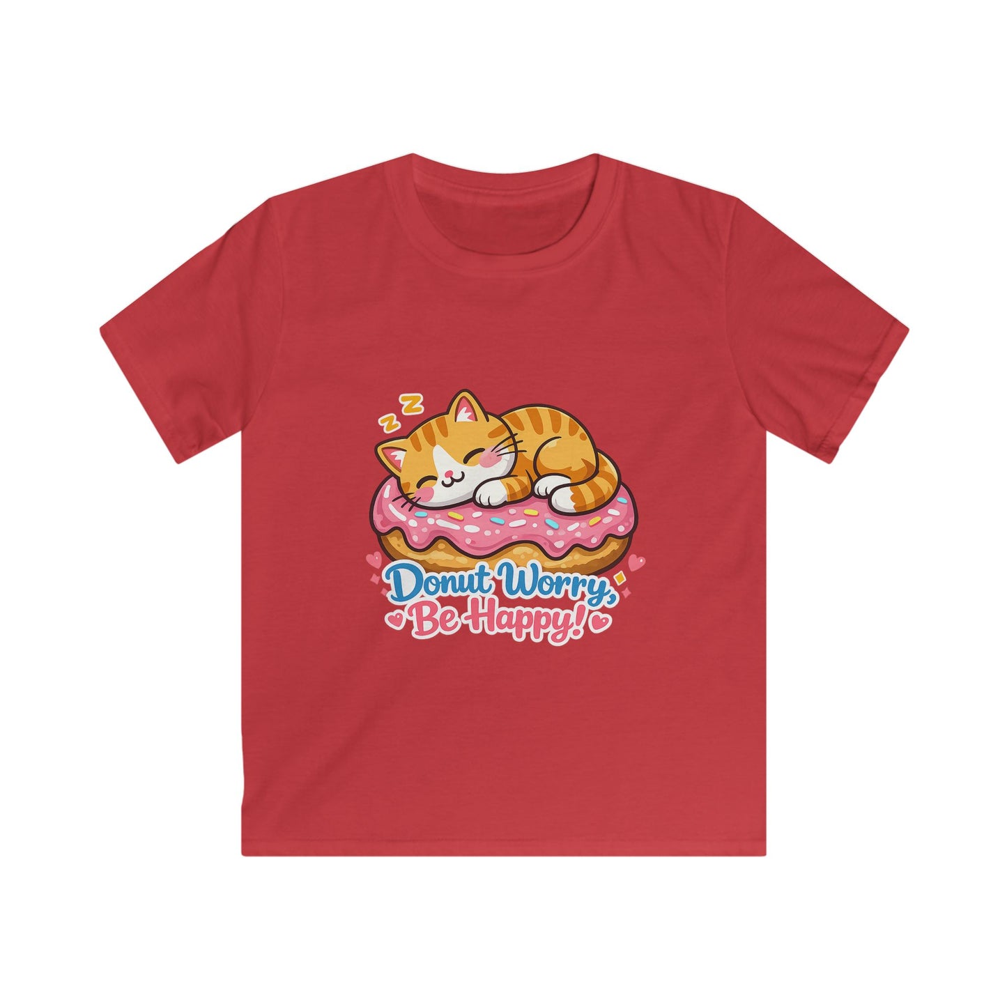Kids T-Shirt — 'Donut Worry, Be Happy' Cute Cat on Donut Graphic Tee
