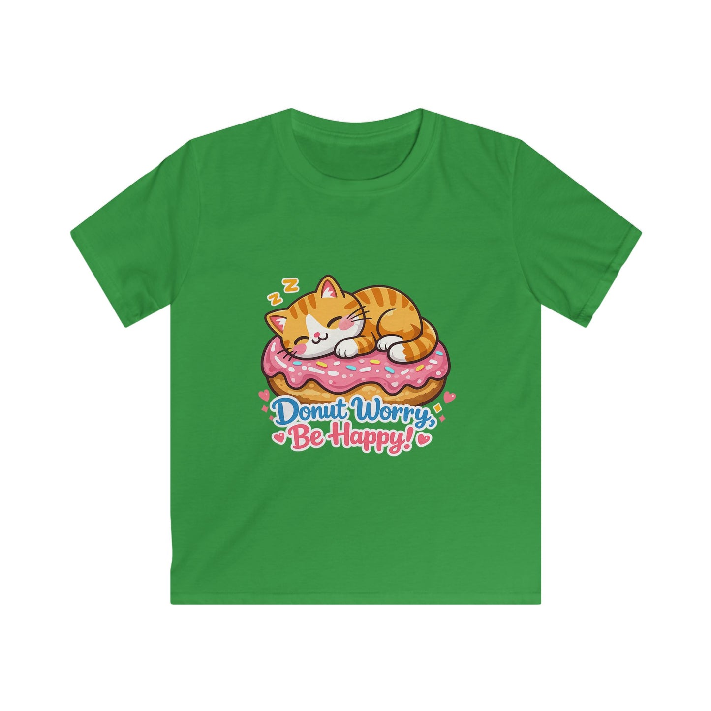 Kids T-Shirt — 'Donut Worry, Be Happy' Cute Cat on Donut Graphic Tee