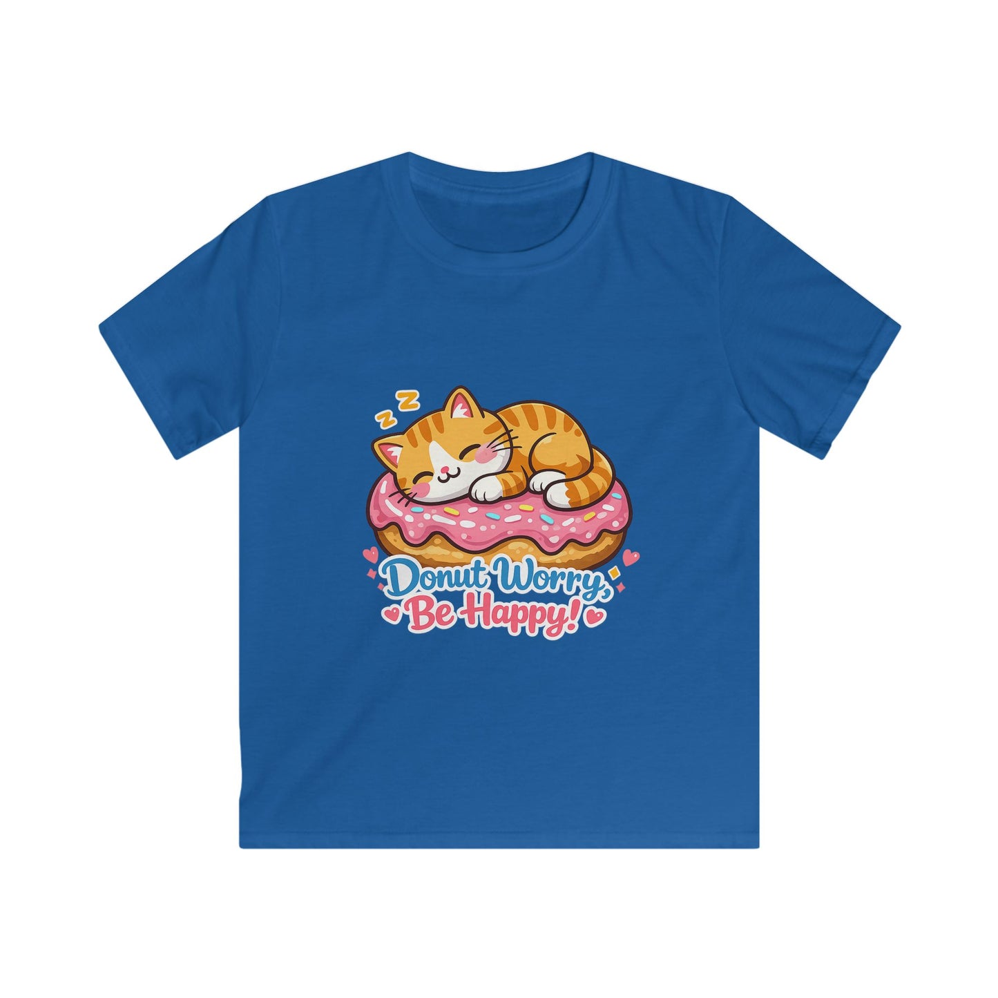 Kids T-Shirt — 'Donut Worry, Be Happy' Cute Cat on Donut Graphic Tee