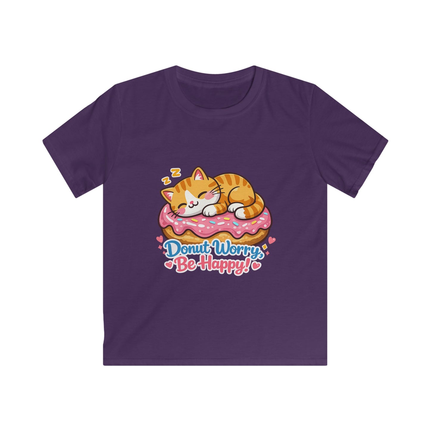 Kids T-Shirt — 'Donut Worry, Be Happy' Cute Cat on Donut Graphic Tee