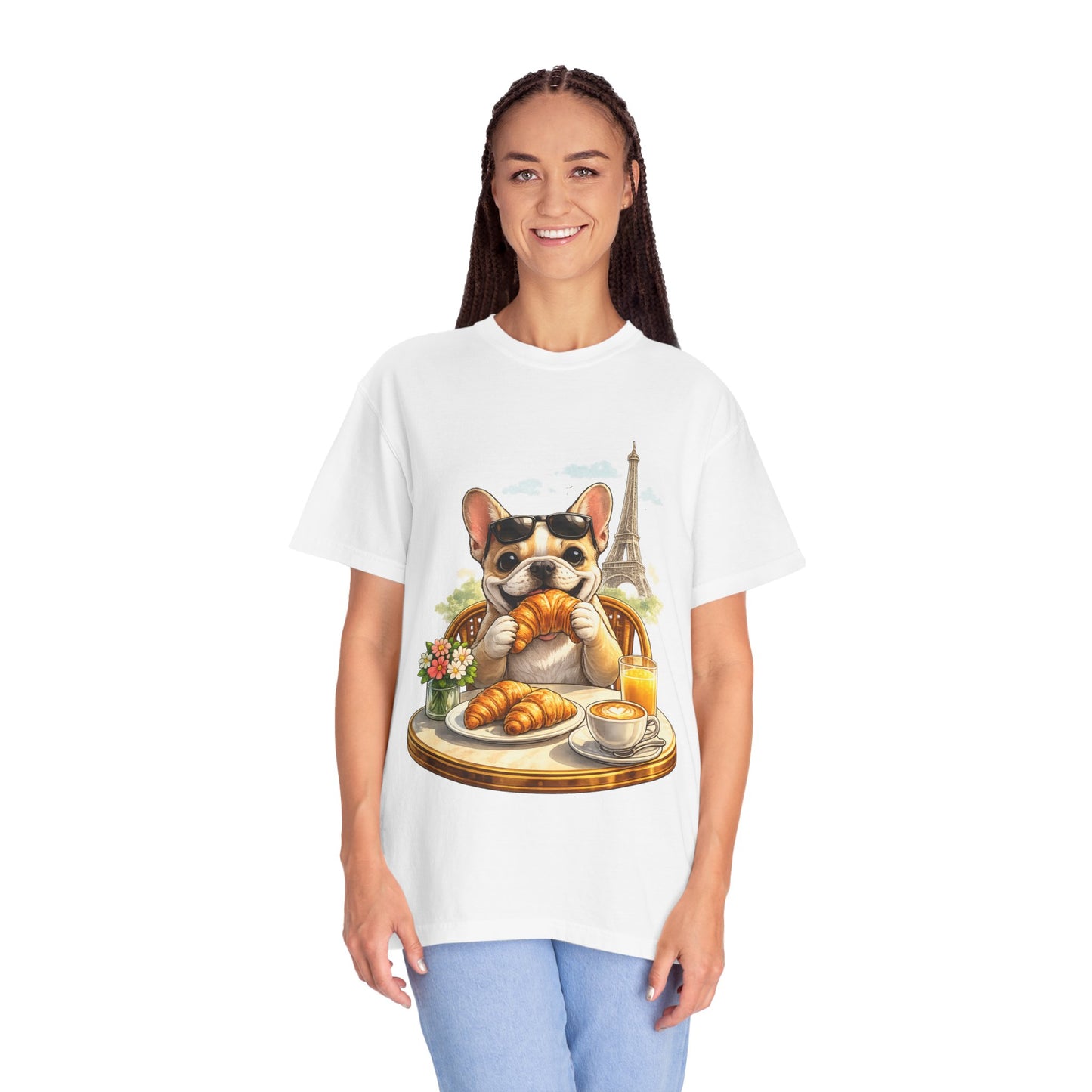 French Bulldog Breakfast T-Shirt — Croissant Café Tee with Eiffel Tower