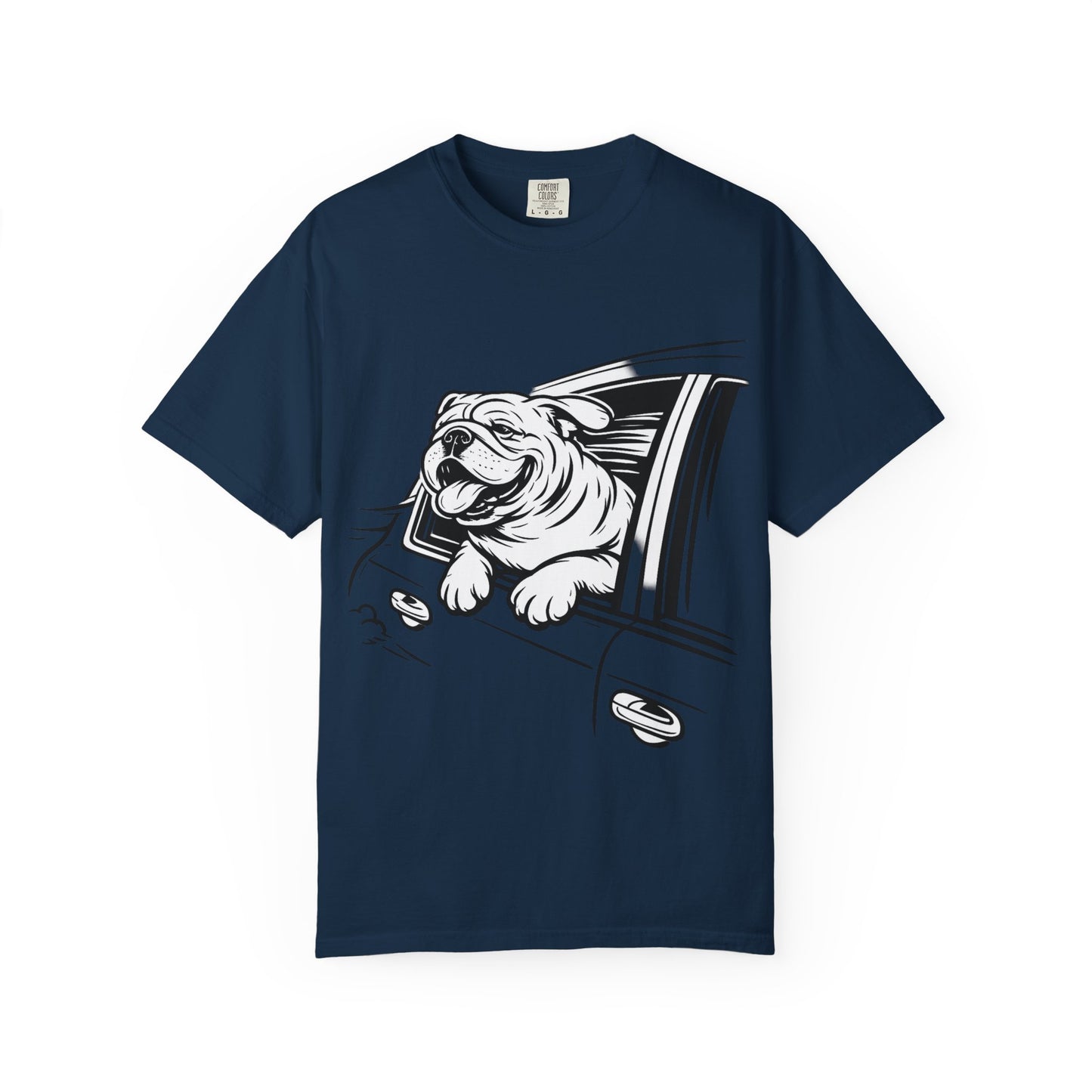 Bulldog Head Out Car Window T-Shirt — Cute Driving Dog Tee