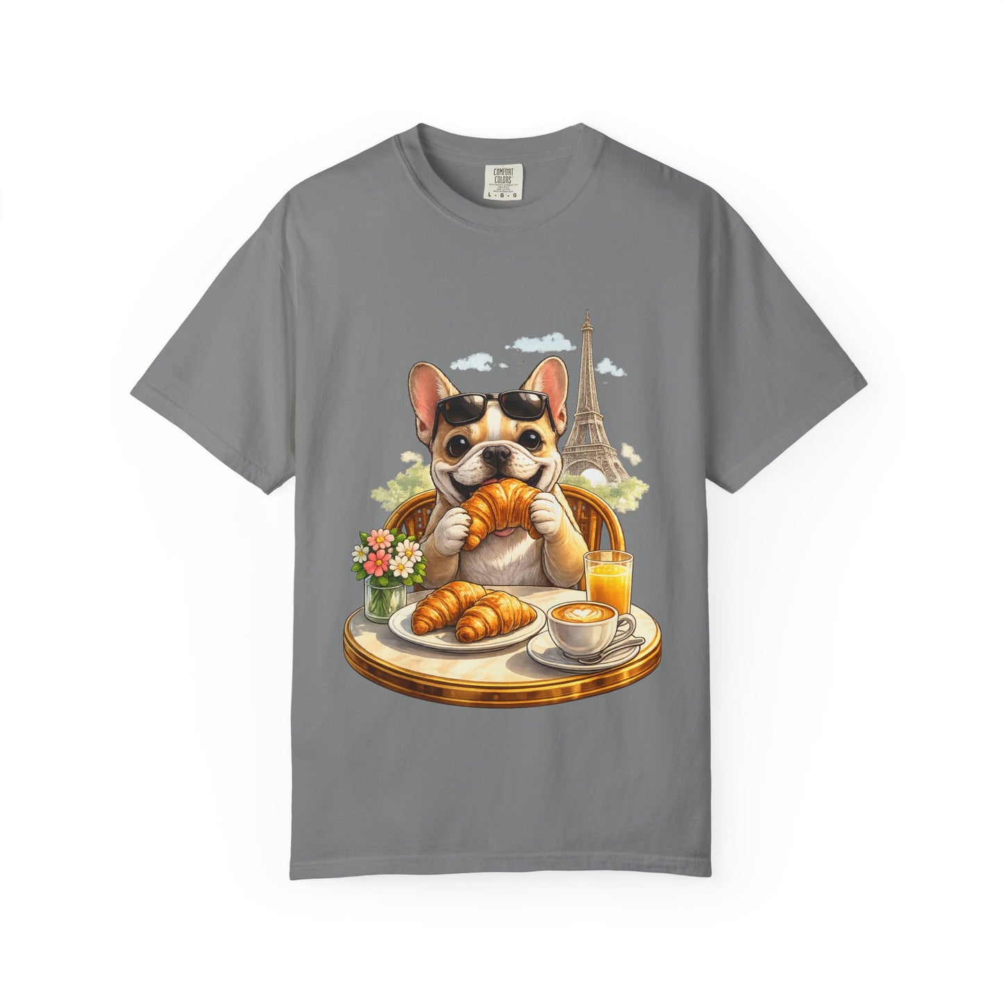 French Bulldog Breakfast T-Shirt — Croissant Café Tee with Eiffel Tower