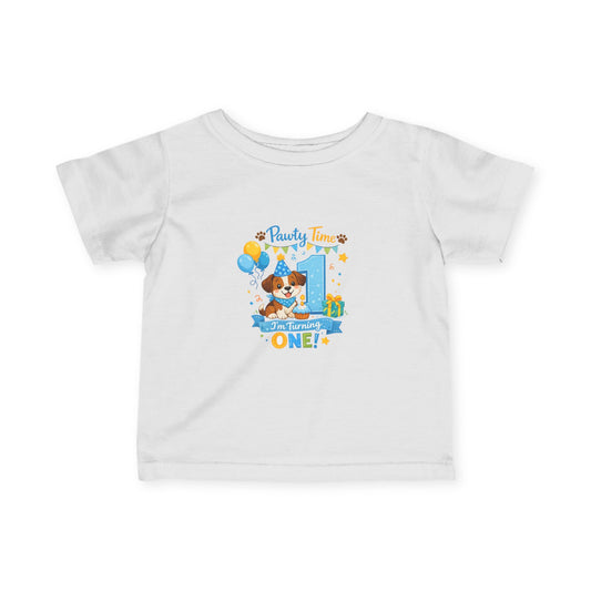 1st Birthday Infant Tee — "Party Time! Turning One" Cute Puppy Balloon Design