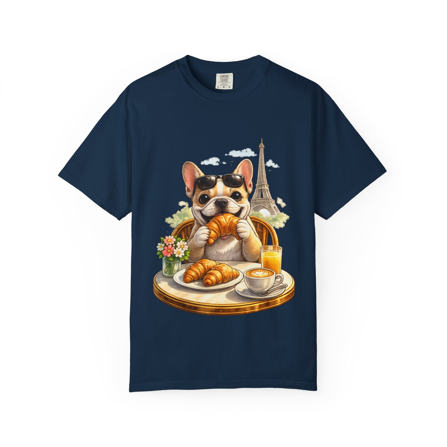 French Bulldog Breakfast T-Shirt — Croissant Café Tee with Eiffel Tower