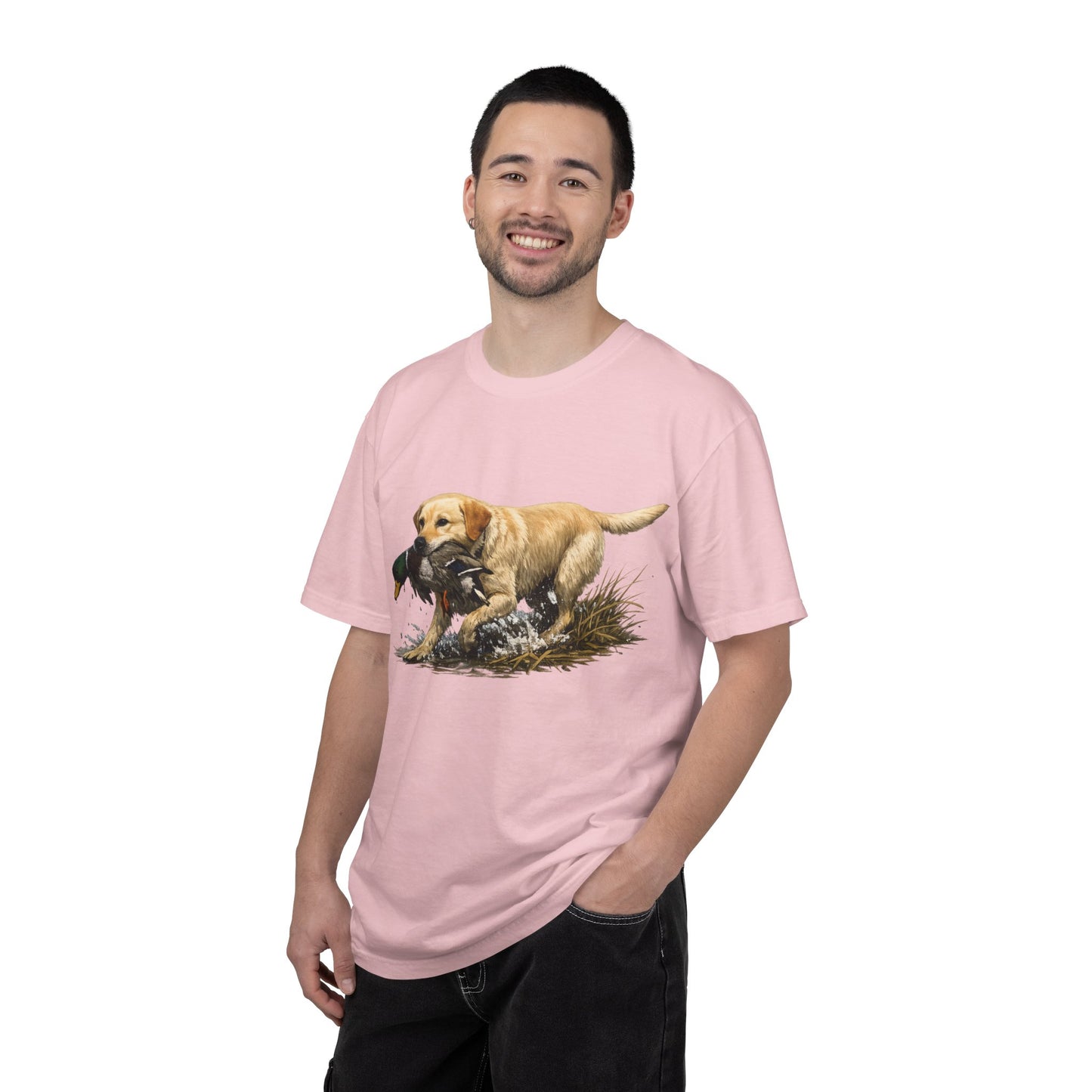 Labrador Retriever Hunting Dog T-Shirt — Yellow Lab with Duck Graphic
