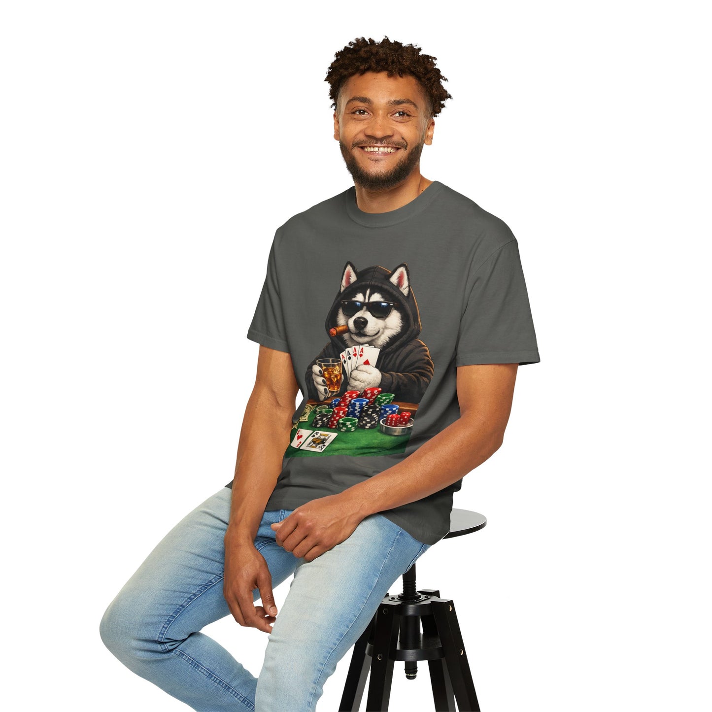 Poker Husky T-Shirt — Dog Playing Cards & Chips Graphic Tee