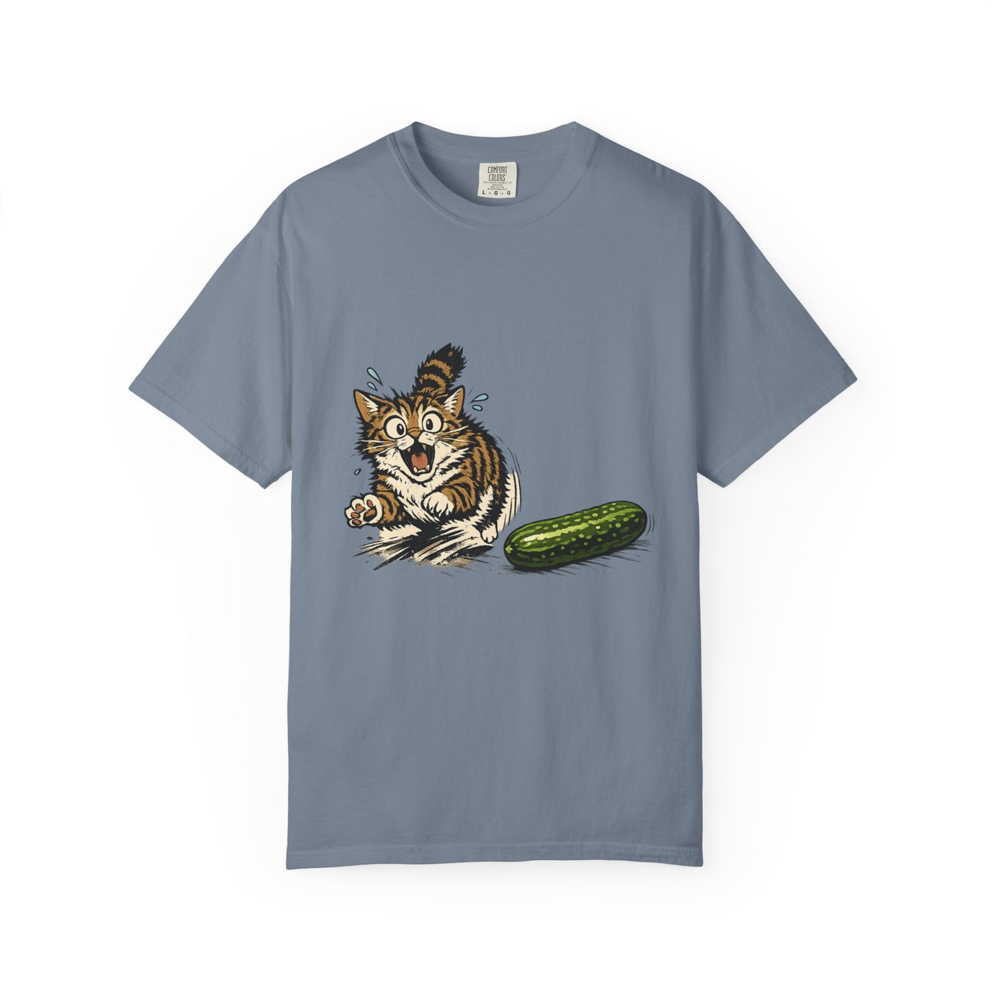 Cat and Cucumber Fear Graphic T-Shirt — Surprised Kitten with Cucumber Illustration