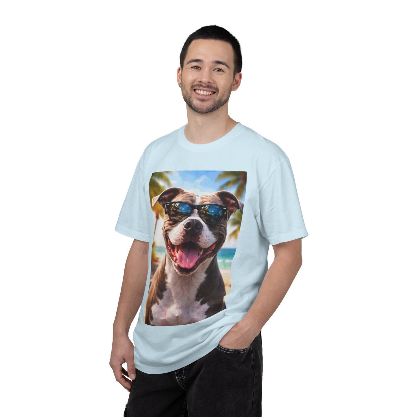 Happy Dog in Sunglasses T-Shirt — Summer Beach Pitbull Graphic Tee