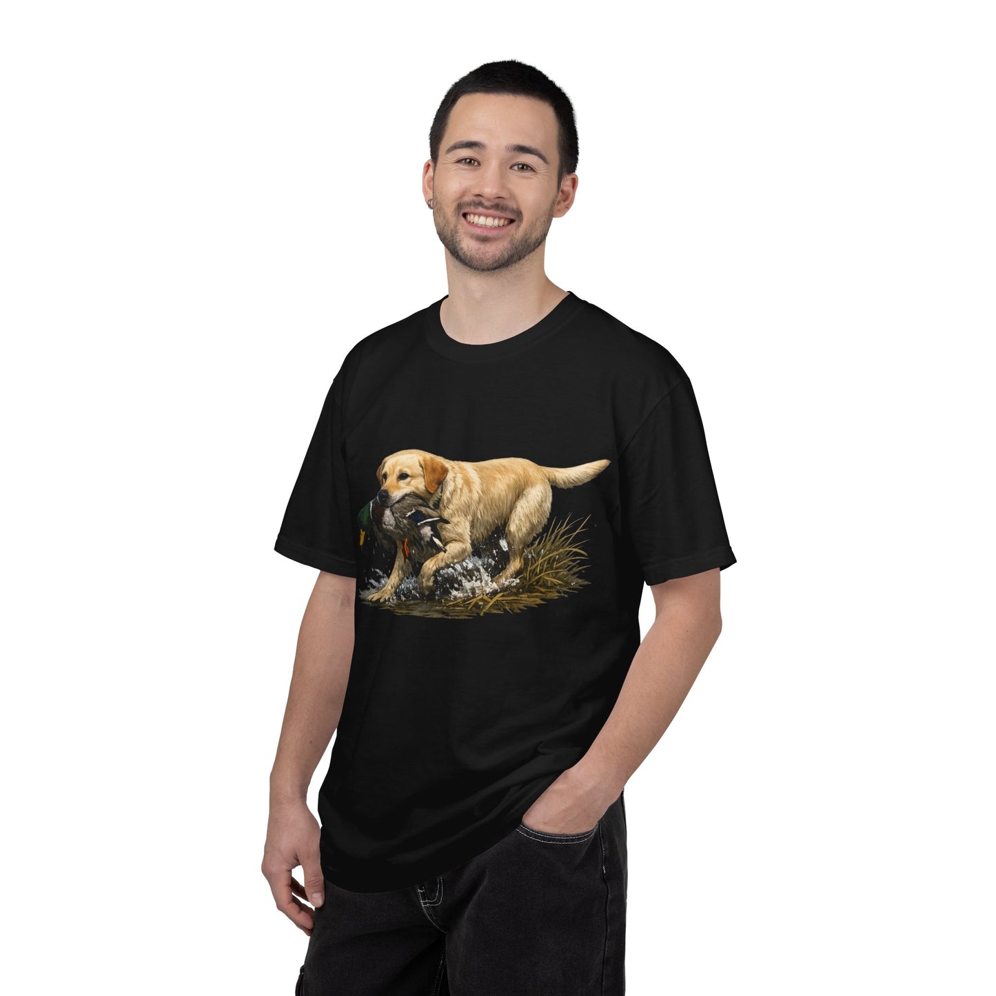 Labrador Retriever Hunting Dog T-Shirt — Yellow Lab with Duck Graphic