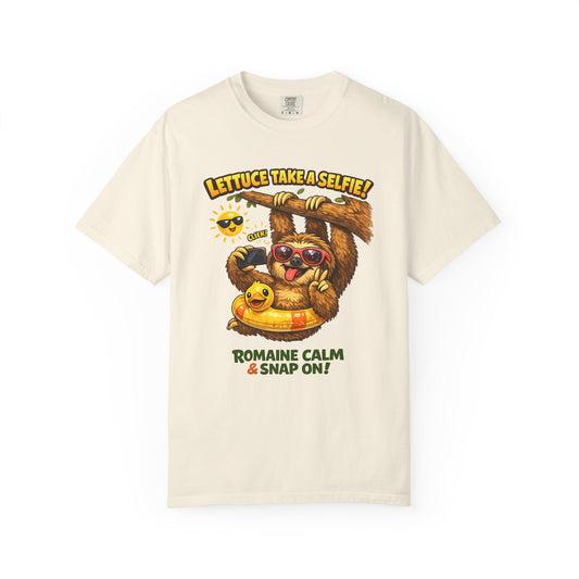 Romaine Calm & Snap On T-Shirt — 'Lettuce Take a Selfie' Sloth Graphic Tee