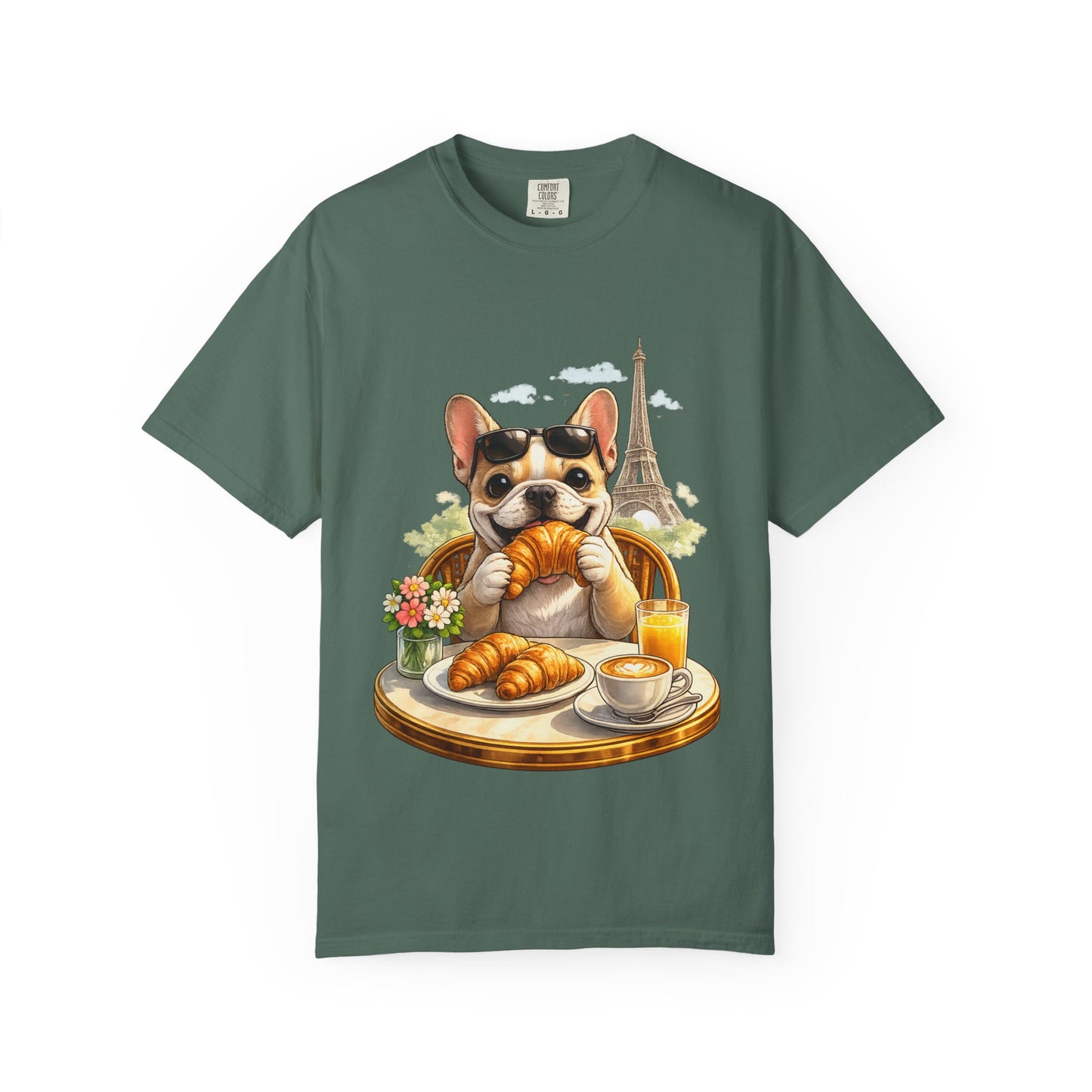French Bulldog Breakfast T-Shirt — Croissant Café Tee with Eiffel Tower