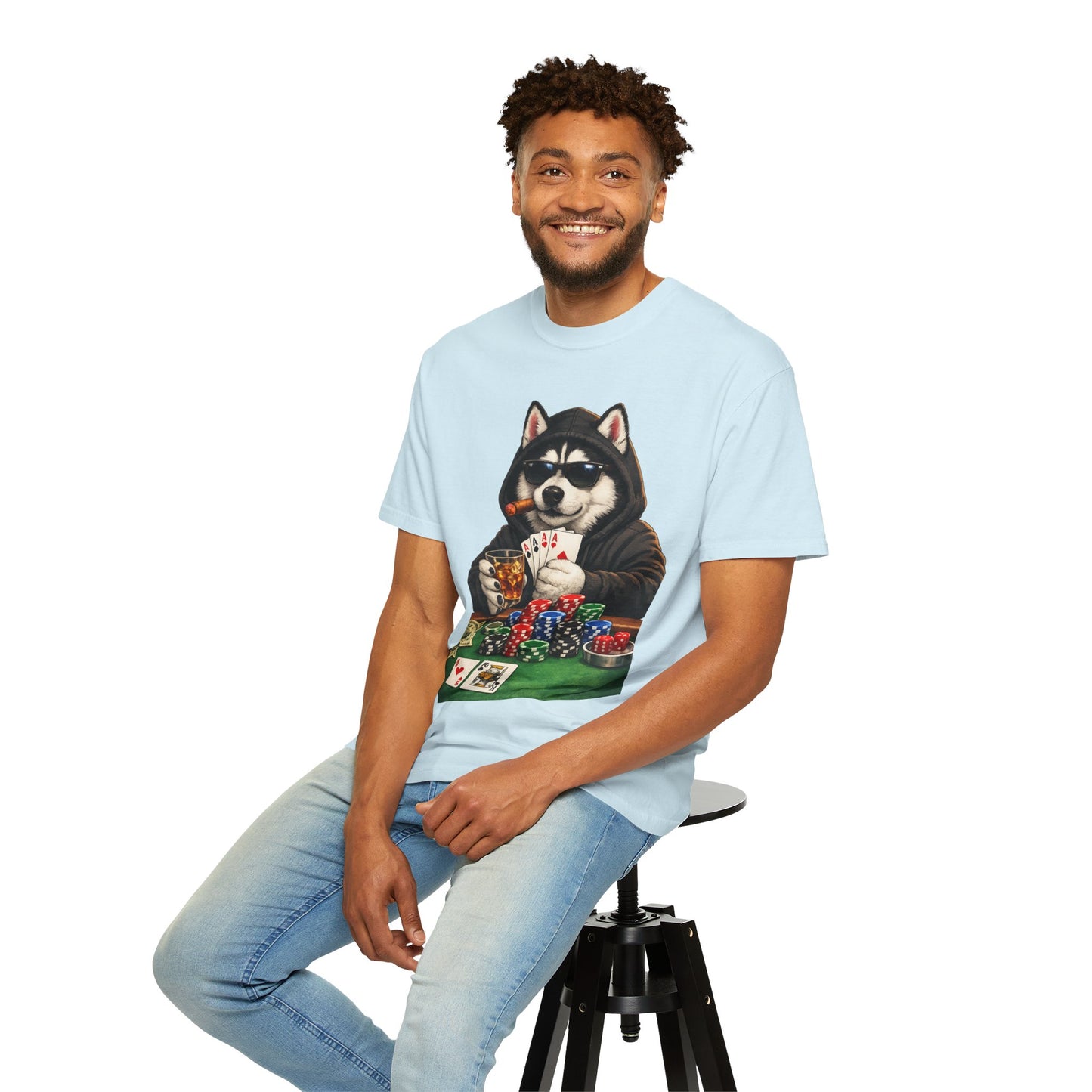 Poker Husky T-Shirt — Dog Playing Cards & Chips Graphic Tee