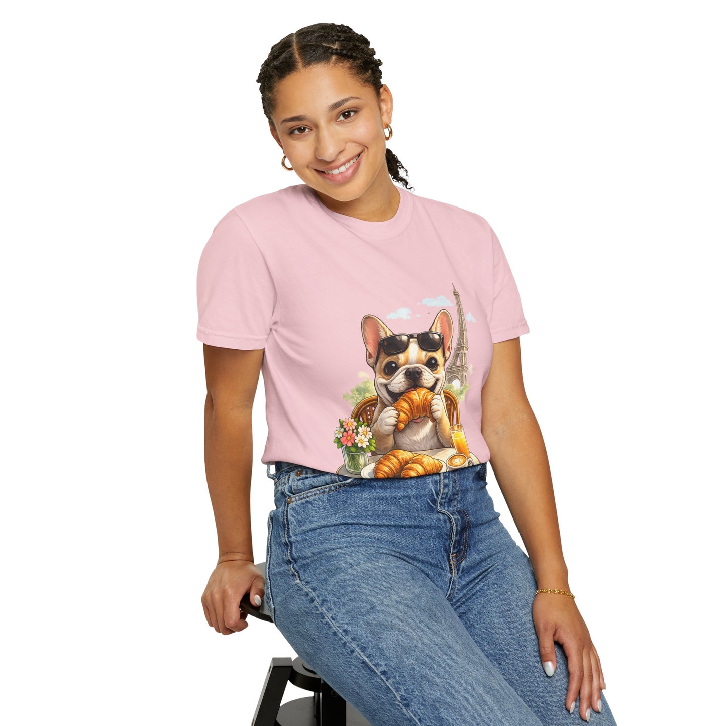 French Bulldog Breakfast T-Shirt — Croissant Café Tee with Eiffel Tower