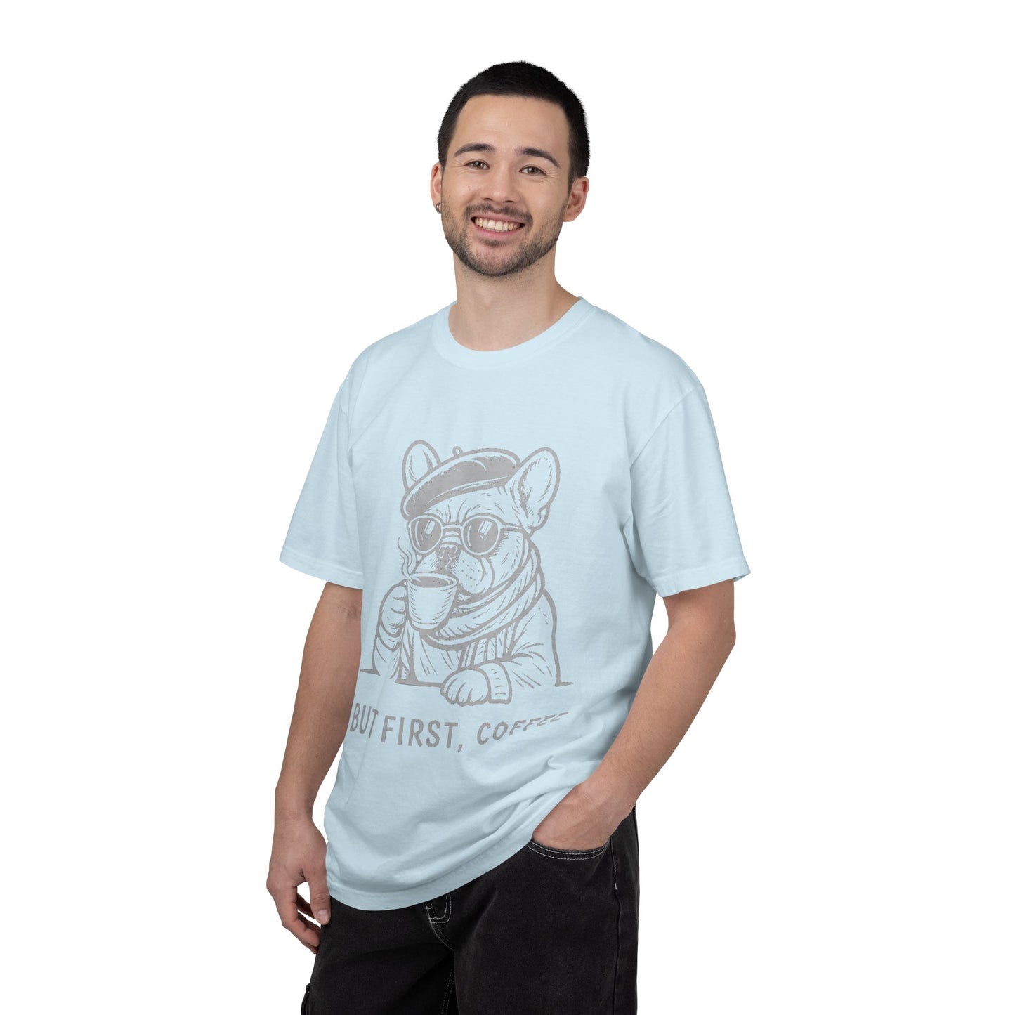 But First, Coffee T-Shirt — French Bulldog Drinking Coffee Graphic Tee