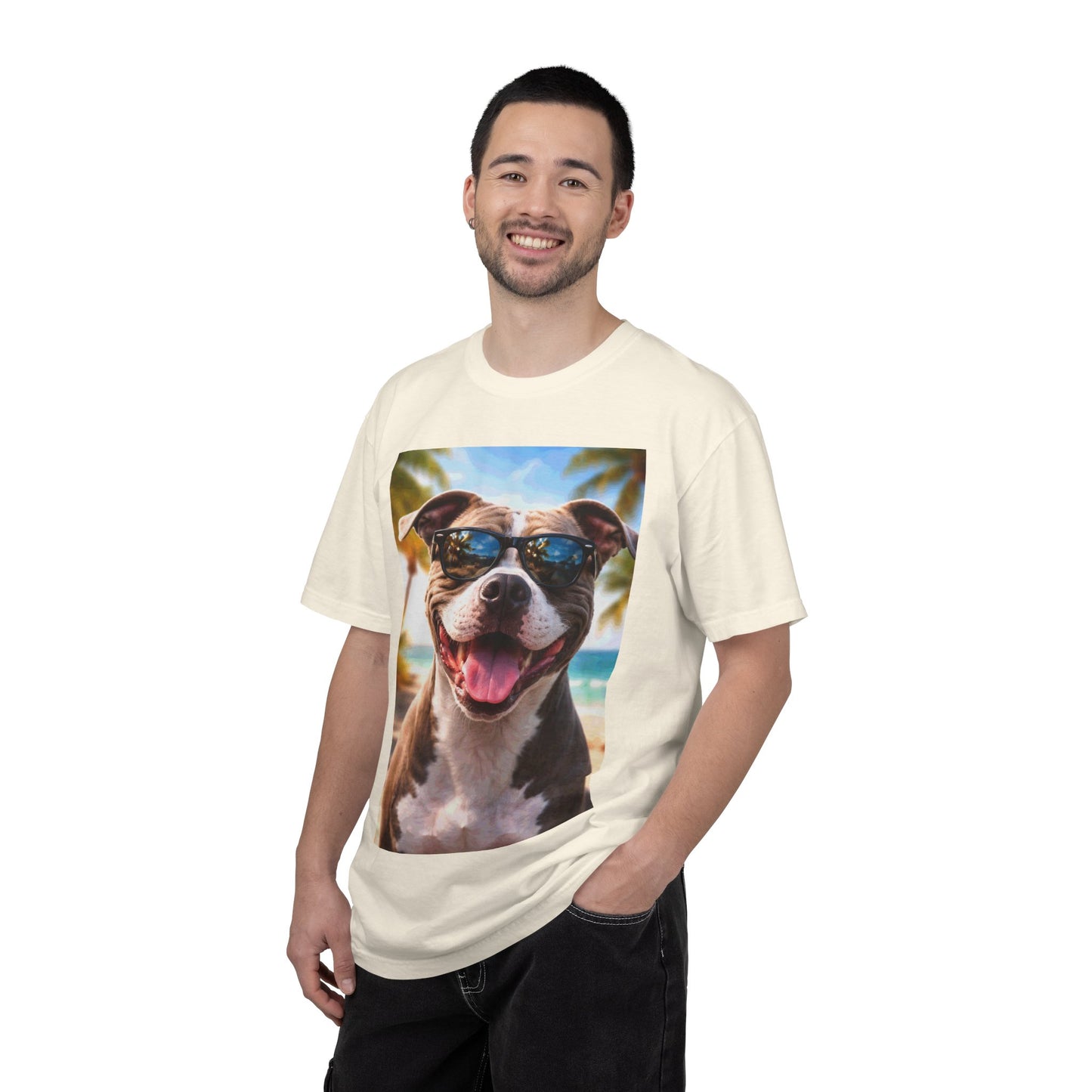 Happy Dog in Sunglasses T-Shirt — Summer Beach Pitbull Graphic Tee