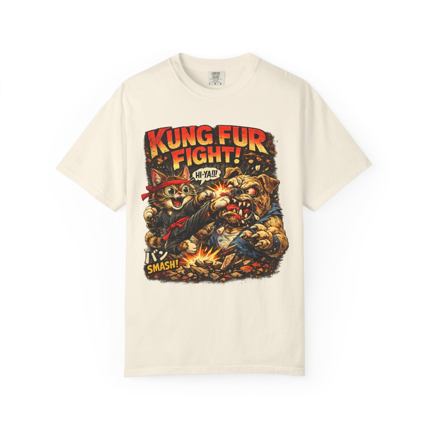 Kung Fur Fight T-Shirt — Retro Cat vs Dog Martial Arts Graphic Tee