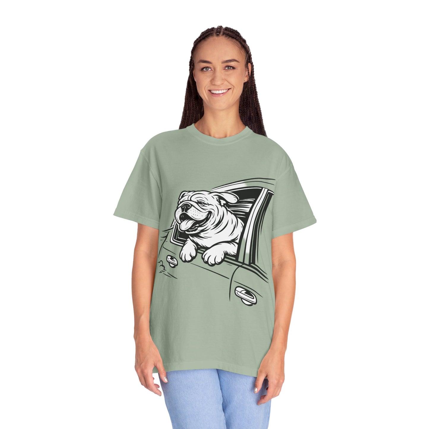 Bulldog Head Out Car Window T-Shirt — Cute Driving Dog Tee