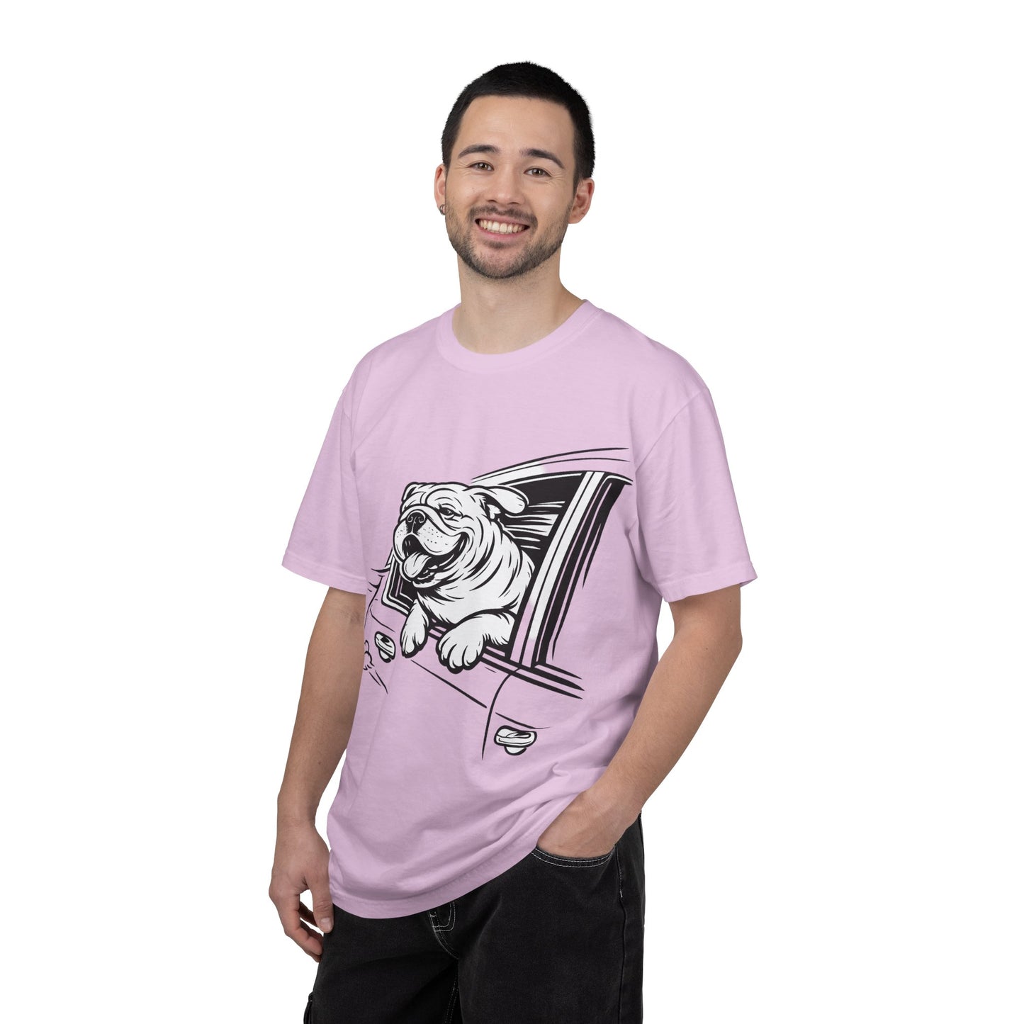 Bulldog Head Out Car Window T-Shirt — Cute Driving Dog Tee
