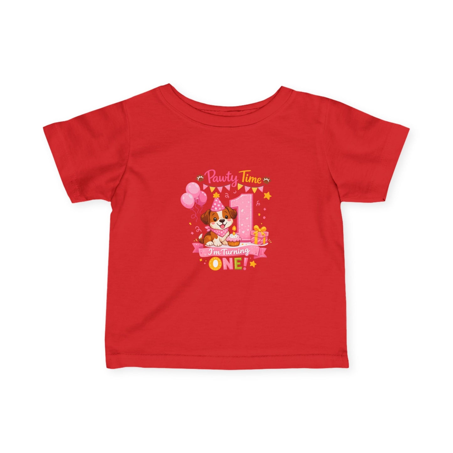 Girls First Birthday Infant Tee — "Party Time One!" Pink Puppy 1st Birthday Shirt