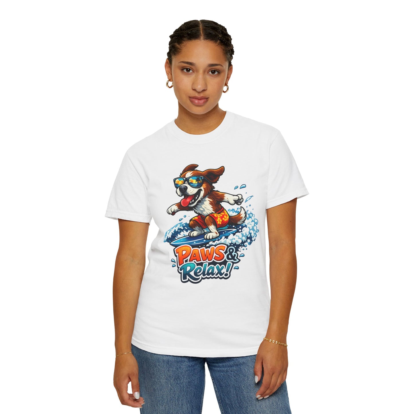 Surfing Dog T-Shirt — "Paws & Relax" Graphic Tee