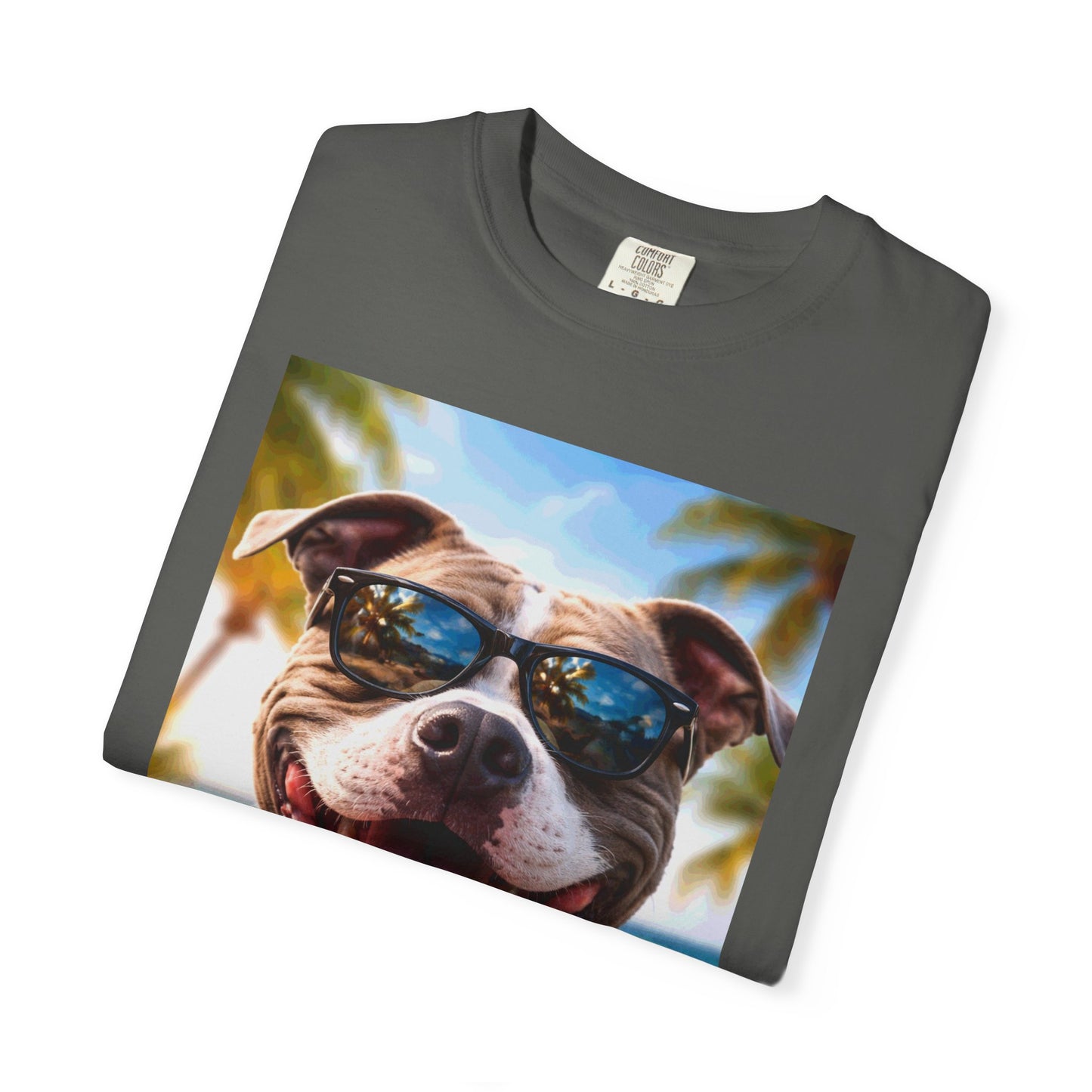 Happy Dog in Sunglasses T-Shirt — Summer Beach Pitbull Graphic Tee
