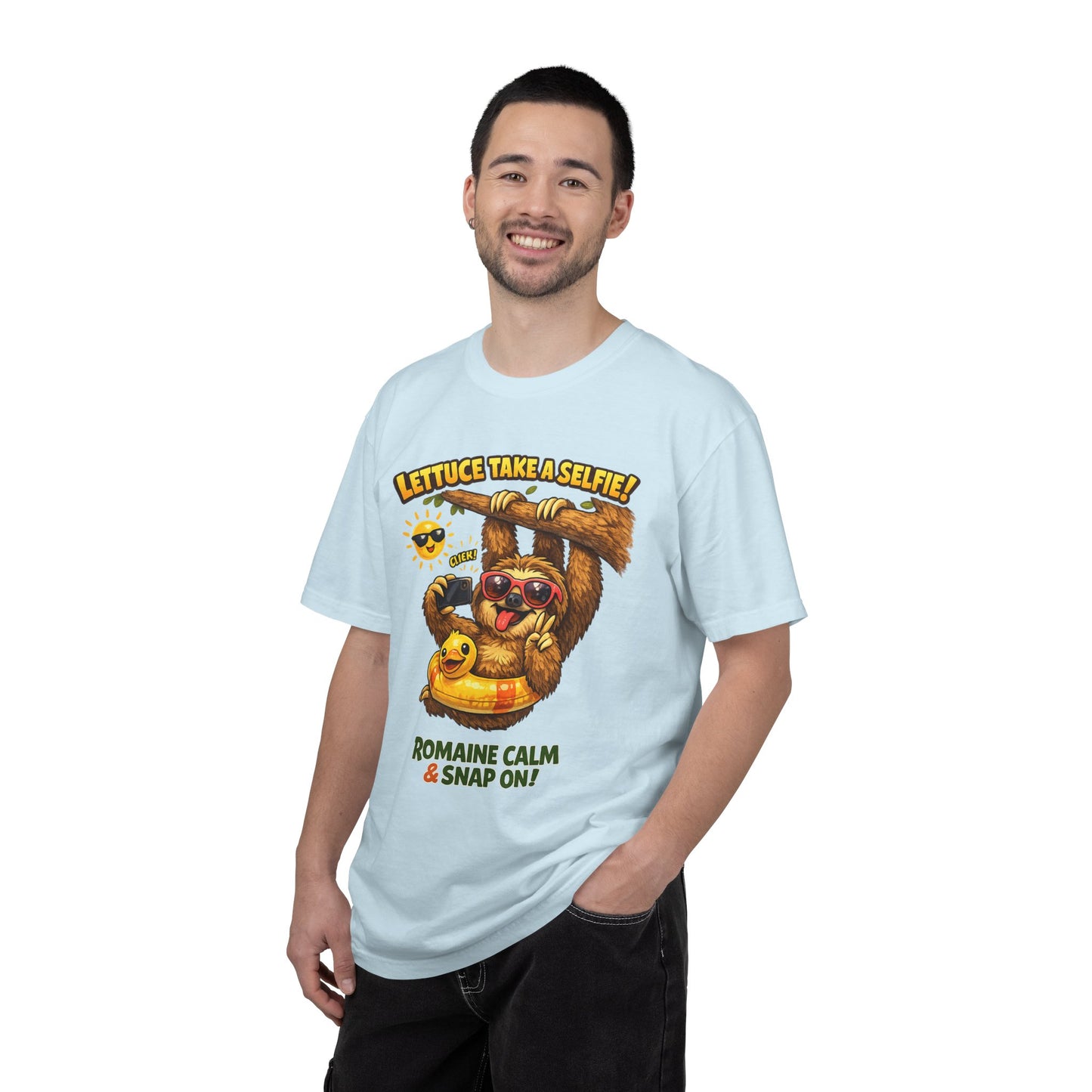 Romaine Calm & Snap On T-Shirt — 'Lettuce Take a Selfie' Sloth Graphic Tee